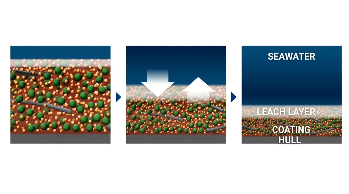 Diagram illustrating the rosin leach layer forming between seawater and the coating